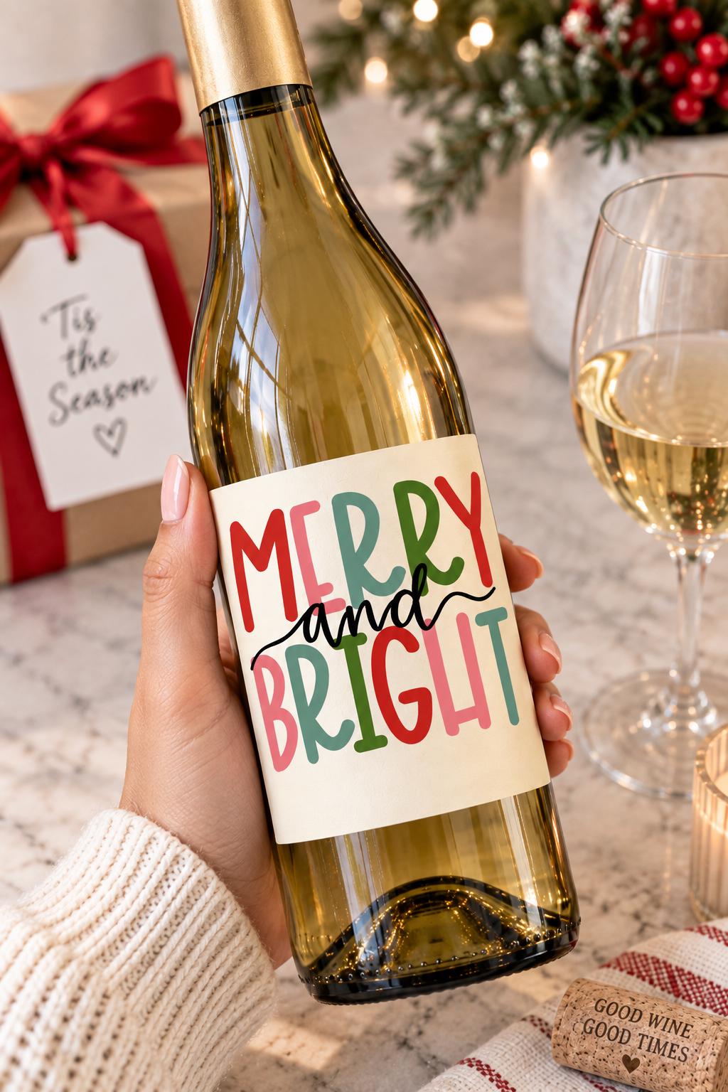 Merry and Bright Christmas Wine Bottle Labels, Christmas Gift, Holiday Wine Label, Mini Bottle Label, Christmas Party Favors, Christmas Gift
