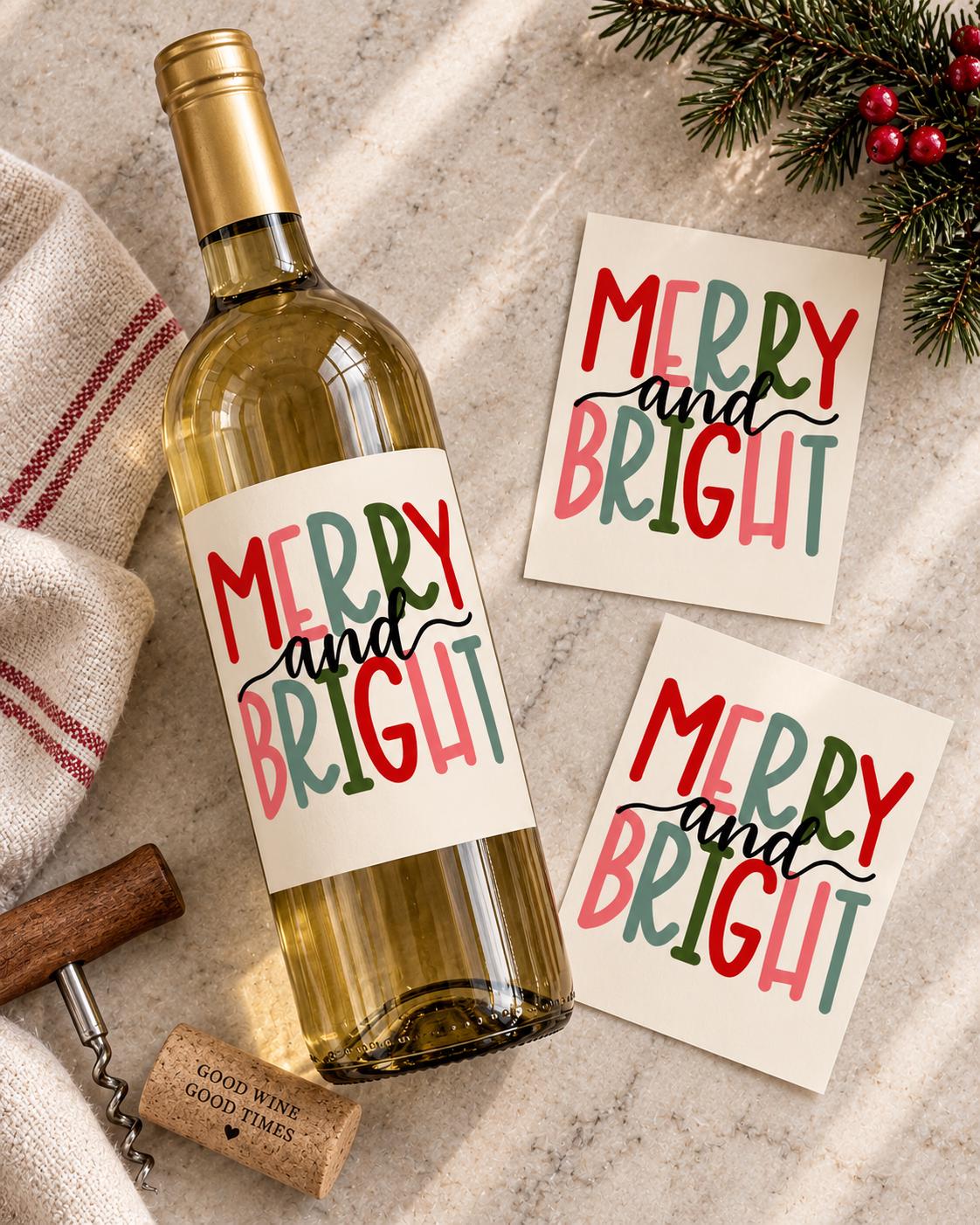 Merry and Bright Christmas Wine Bottle Labels, Christmas Gift, Holiday Wine Label, Mini Bottle Label, Christmas Party Favors, Christmas Gift