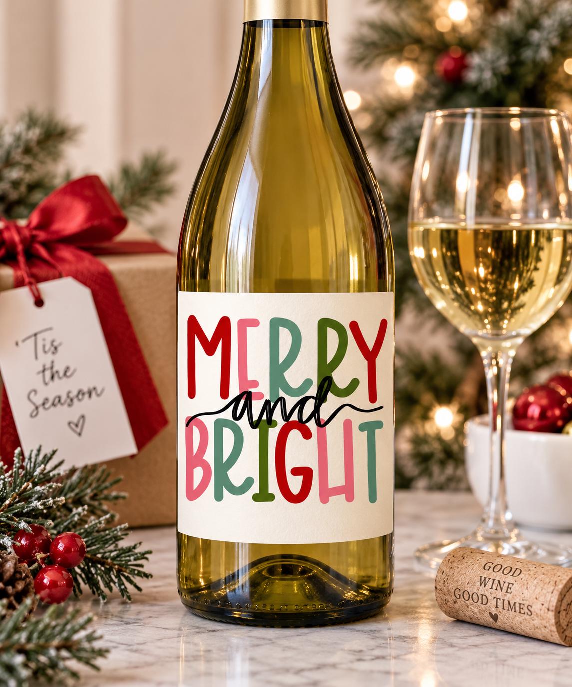Merry and Bright Christmas Wine Bottle Labels, Christmas Gift, Holiday Wine Label, Mini Bottle Label, Christmas Party Favors, Christmas Gift