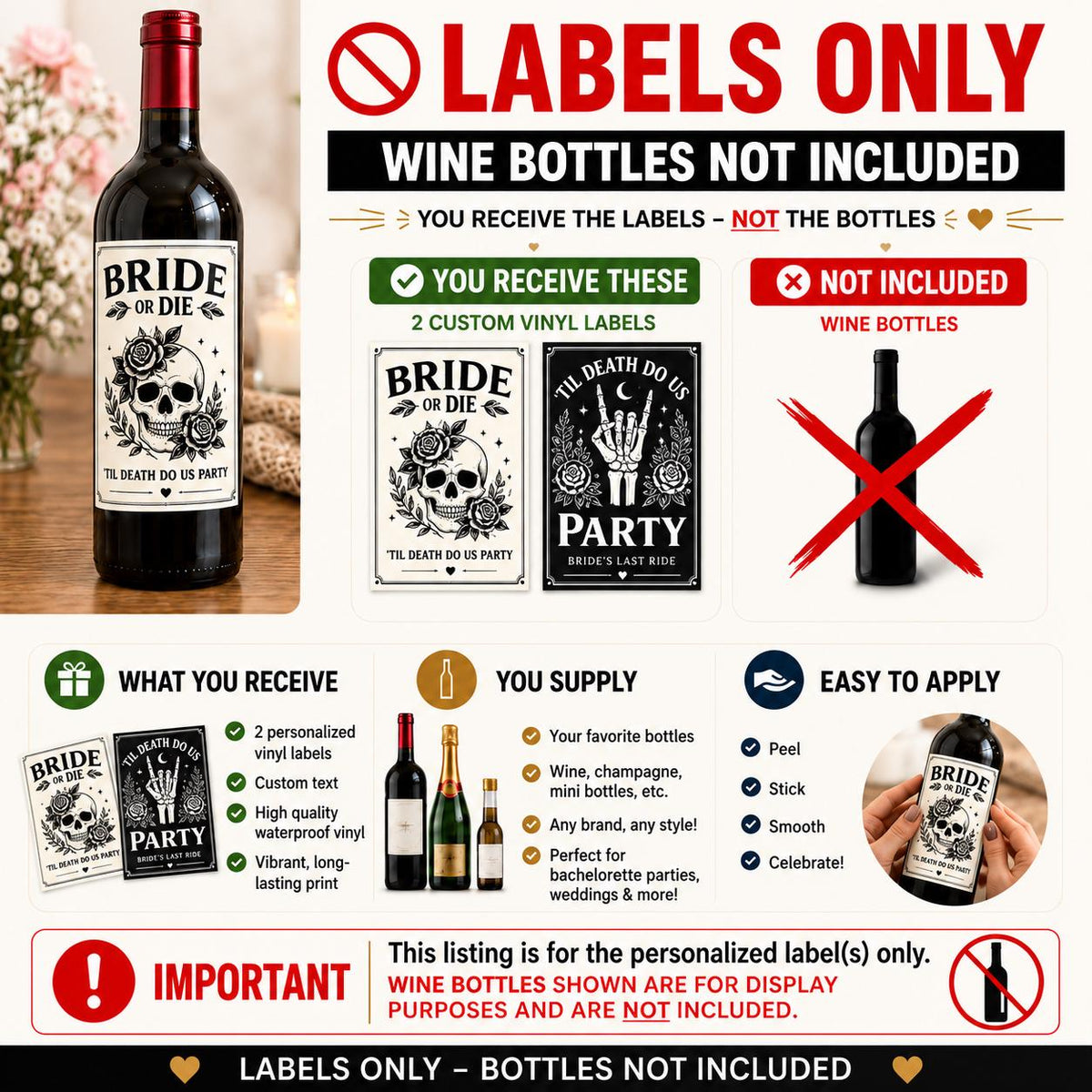 Bachelorette Wine Bottle Labels, Bride or Die, Til Death Do Us Party, Gothic Bachelorette Party Decor, Bride’s Last Ride, Wine Labels