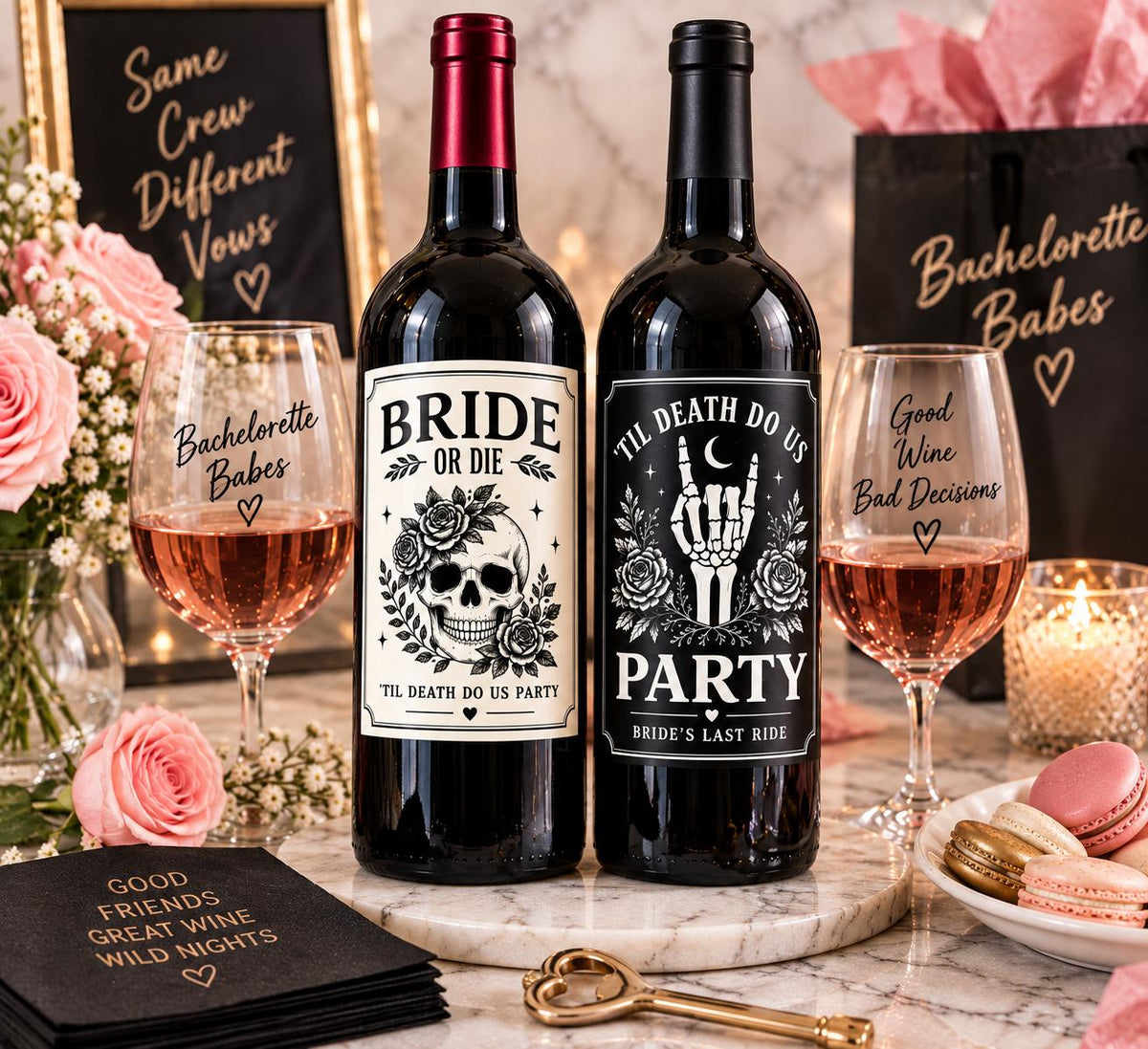 Bachelorette Wine Bottle Labels, Bride or Die, Til Death Do Us Party, Gothic Bachelorette Party Decor, Bride’s Last Ride, Wine Labels