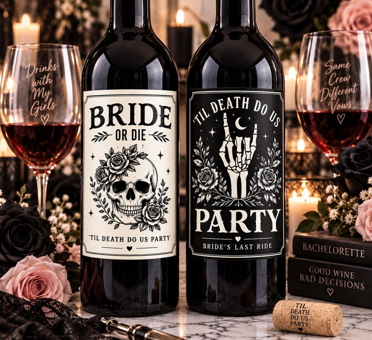 Bachelorette Wine Bottle Labels, Bride or Die, Til Death Do Us Party, Gothic Bachelorette Party Decor, Bride’s Last Ride, Wine Labels
