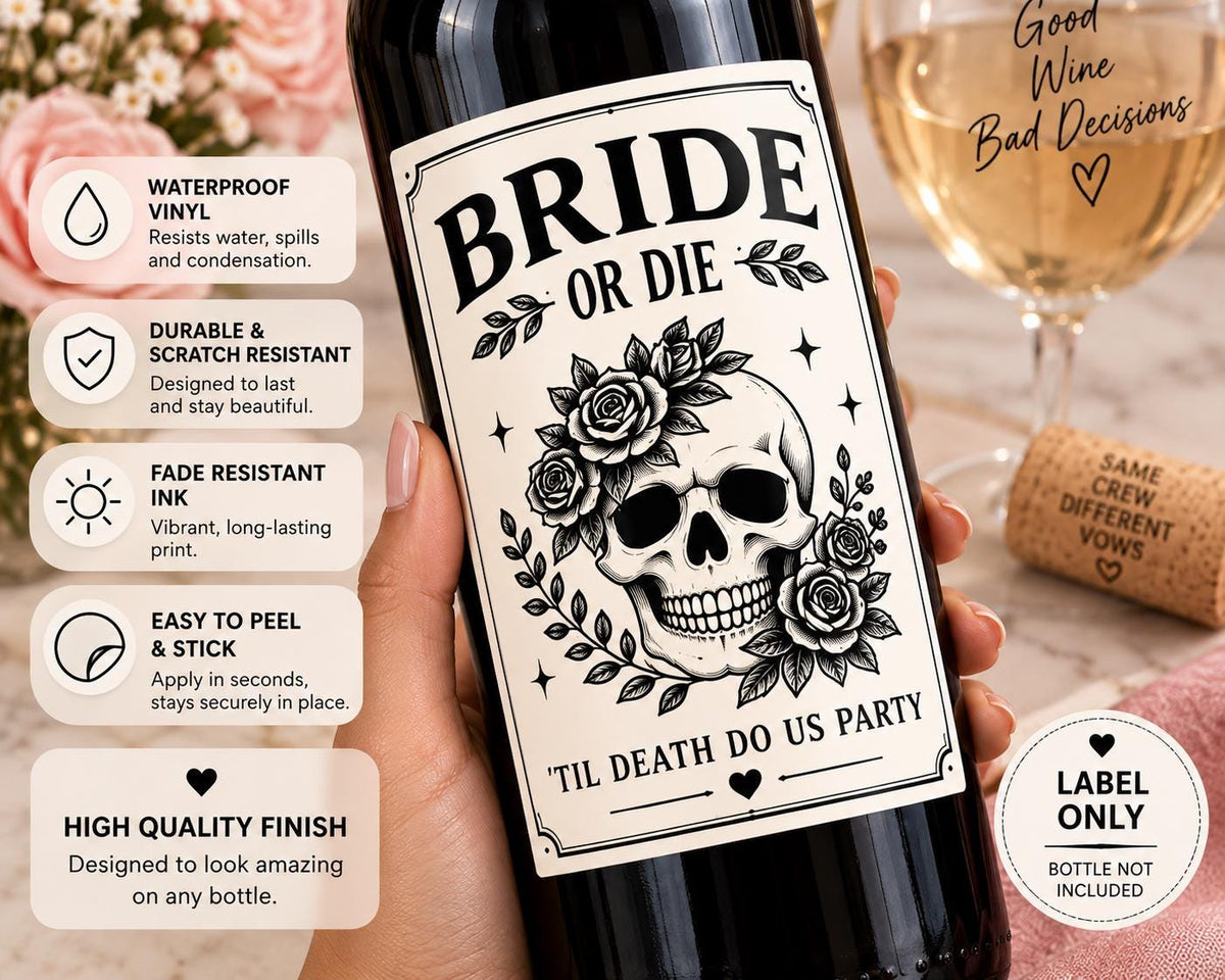 Bachelorette Wine Bottle Labels, Bride or Die, Til Death Do Us Party, Gothic Bachelorette Party Decor, Bride’s Last Ride, Wine Labels