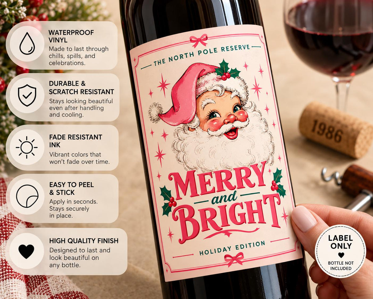 Christmas Wine Bottle Label, Merry and Bright Vintage Santa Wine Label, Pink Christmas Gift, Holiday Hostess Gift, Wine Lover Gift, Pink