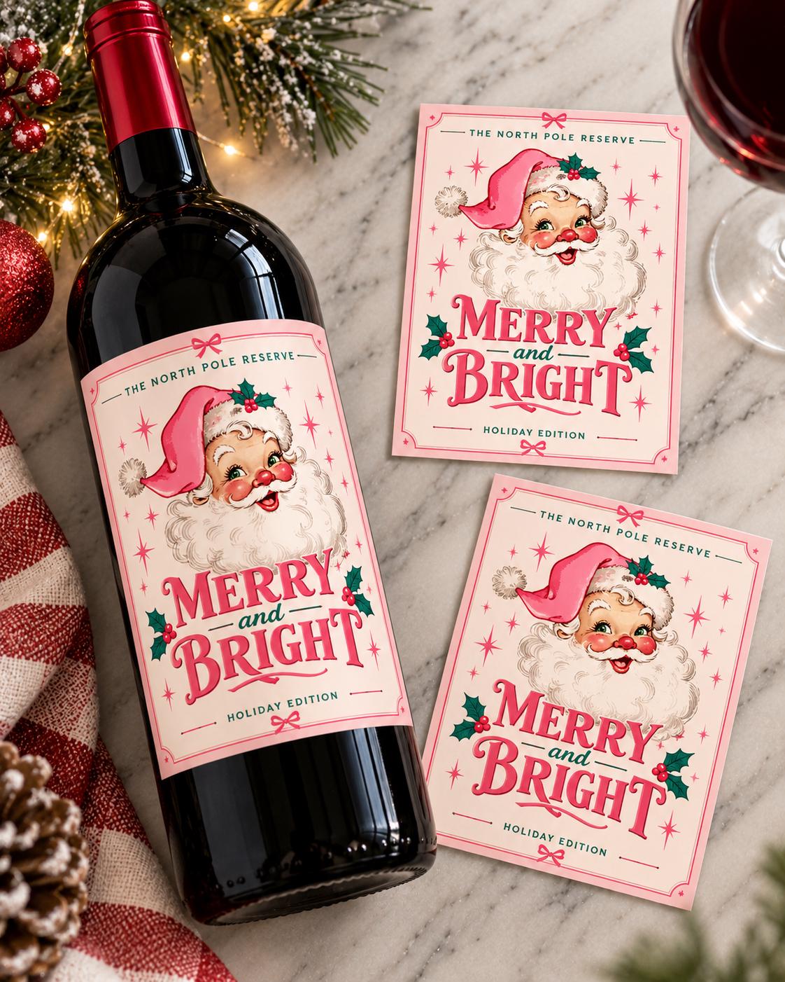 Christmas Wine Bottle Label, Merry and Bright Vintage Santa Wine Label, Pink Christmas Gift, Holiday Hostess Gift, Wine Lover Gift, Pink
