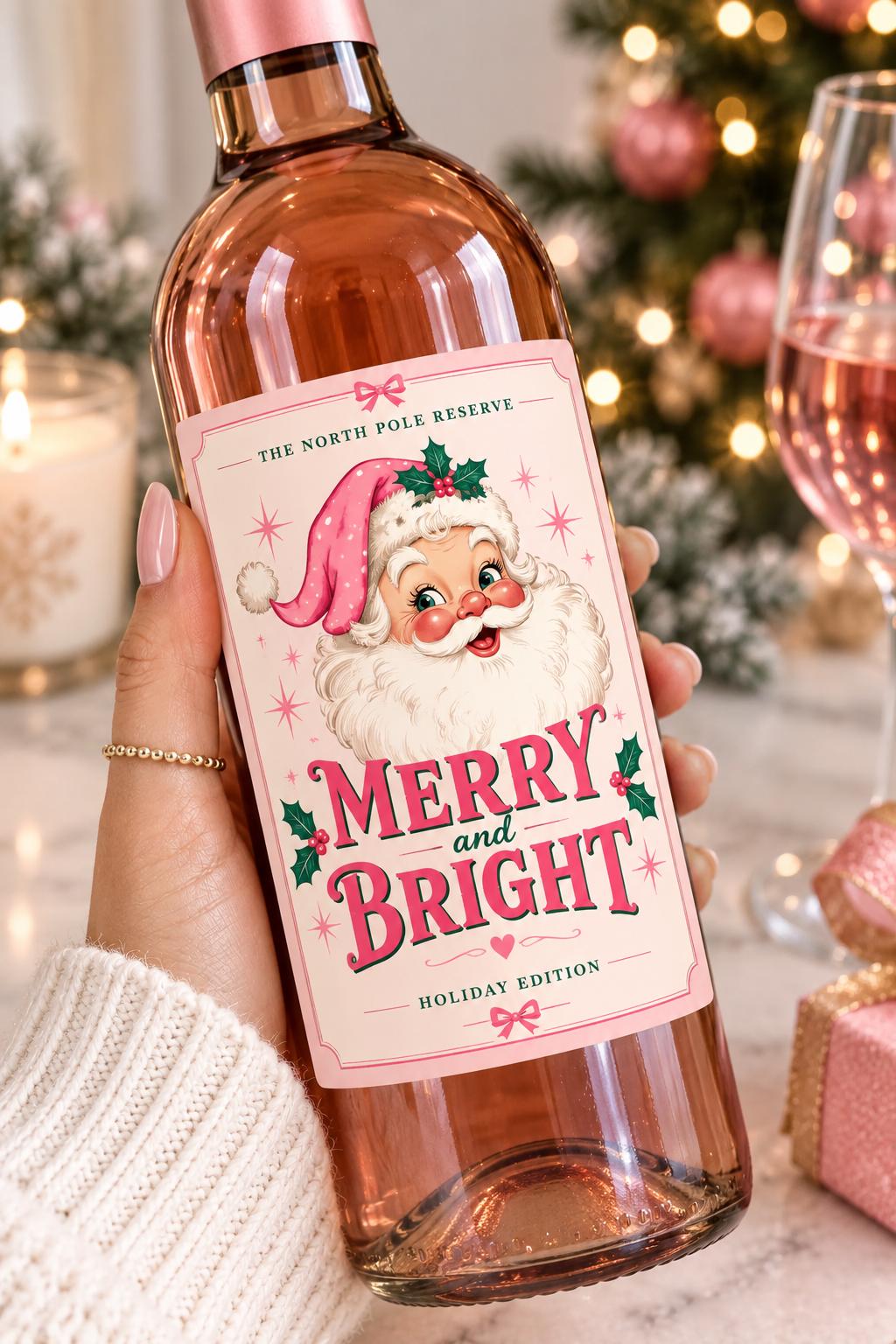 Christmas Wine Bottle Label, Merry and Bright Vintage Santa Wine Label, Pink Christmas Gift, Holiday Hostess Gift, Wine Lover Gift, Pink