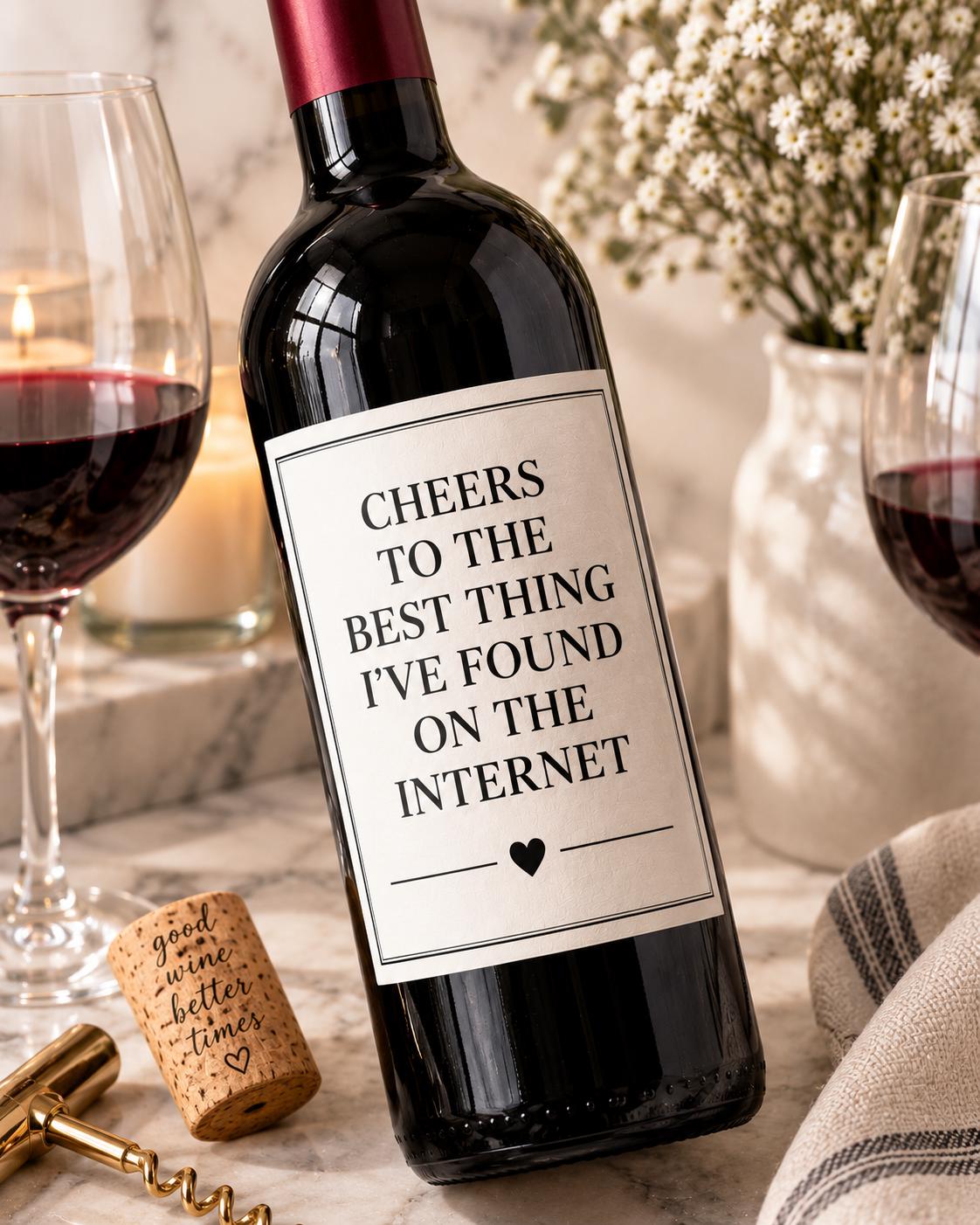 Funny Wine Bottle Label, Cheers to the Best Thing I Found on the Internet, Boyfriend Girlfriend Gift, Anniversary Gift, Wine Label Gift