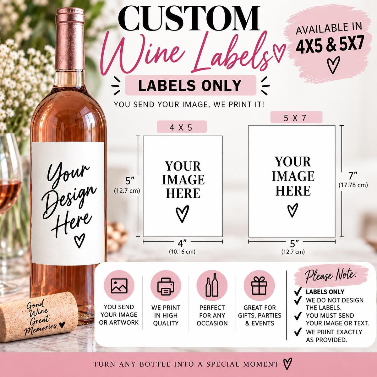 Custom Wine Bottle Labels, Print Your Own Design, Personalized Wine Label Printing, Photo Wine Labels, Party & Event Bottle Labels, Gift