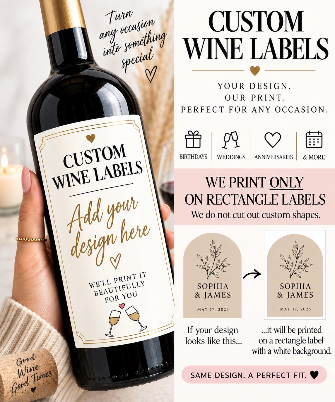Custom Wine Bottle Labels, Print Your Own Design, Personalized Wine Label Printing, Photo Wine Labels, Party & Event Bottle Labels, Gift