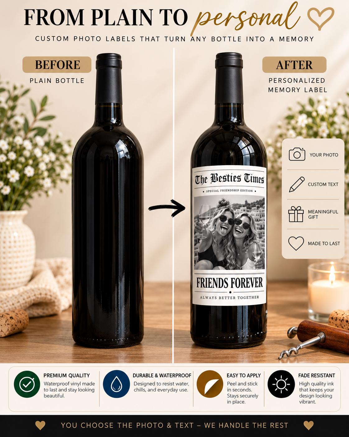 Personalized Friend Gifts, Best Friend Wine Bottle Label, Custom Photo Bestie Gift, Friends Forever Newspaper Wine Label, Gift for Her