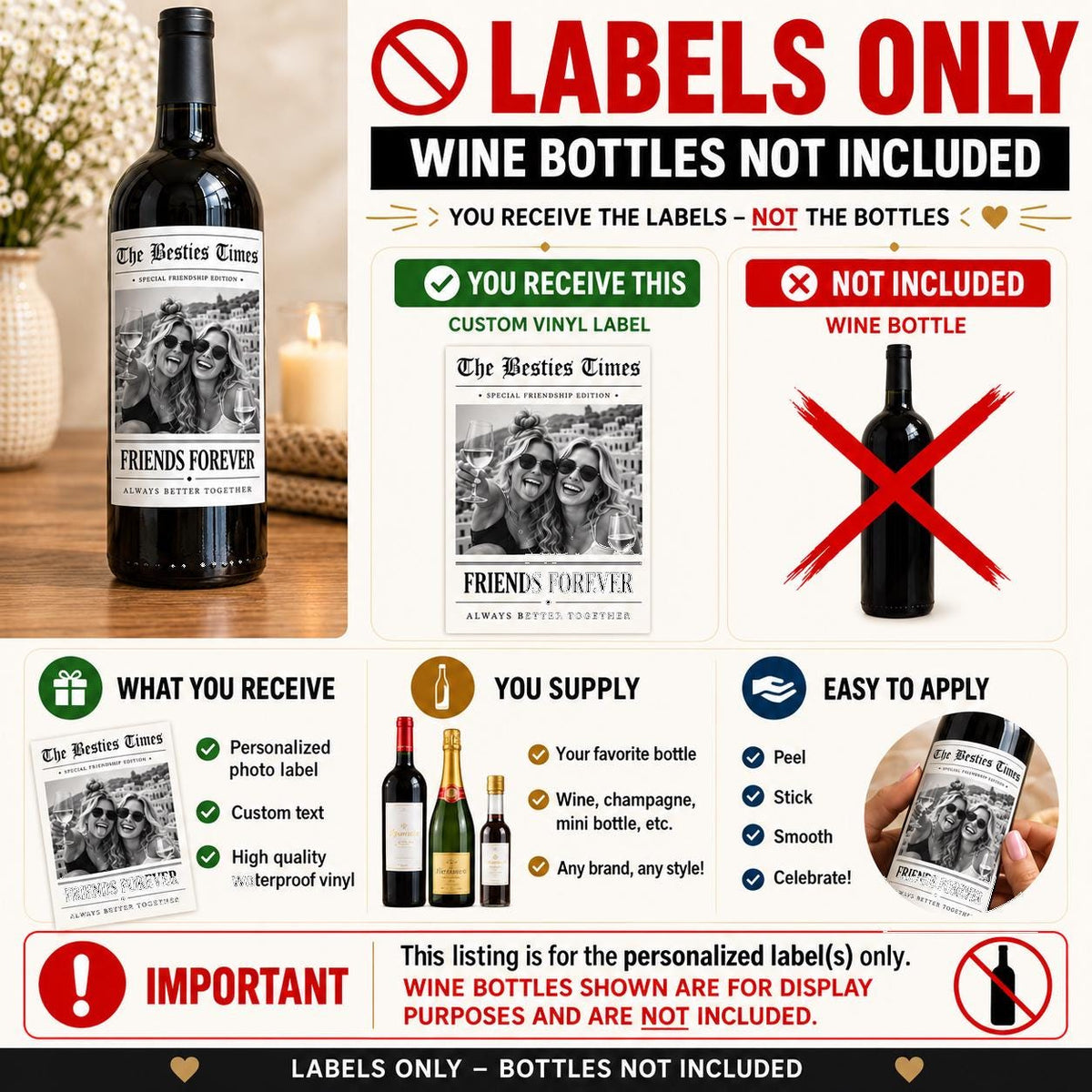 Personalized Friend Gifts, Best Friend Wine Bottle Label, Custom Photo Bestie Gift, Friends Forever Newspaper Wine Label, Gift for Her