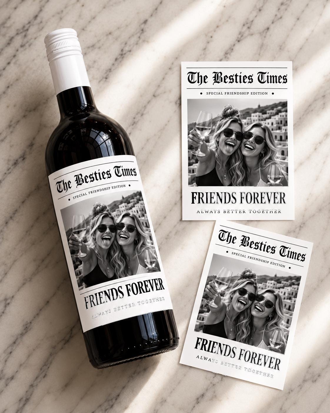Personalized Friend Gifts, Best Friend Wine Bottle Label, Custom Photo Bestie Gift, Friends Forever Newspaper Wine Label, Gift for Her