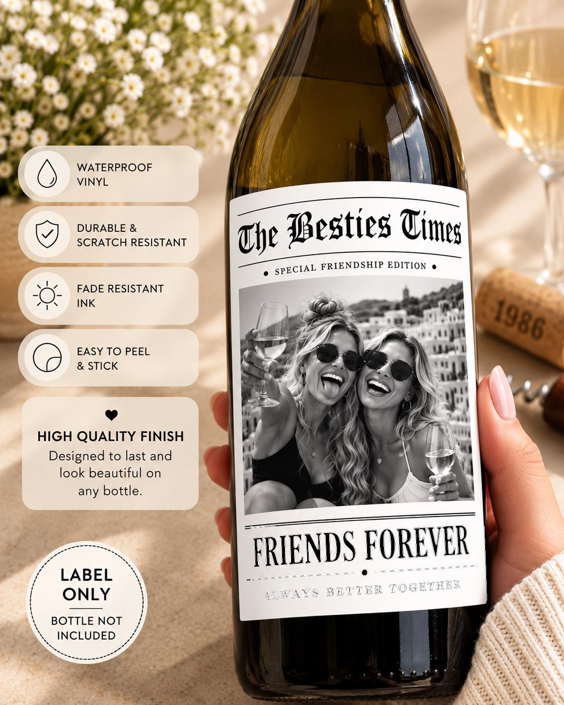 Personalized Friend Gifts, Best Friend Wine Bottle Label, Custom Photo Bestie Gift, Friends Forever Newspaper Wine Label, Gift for Her