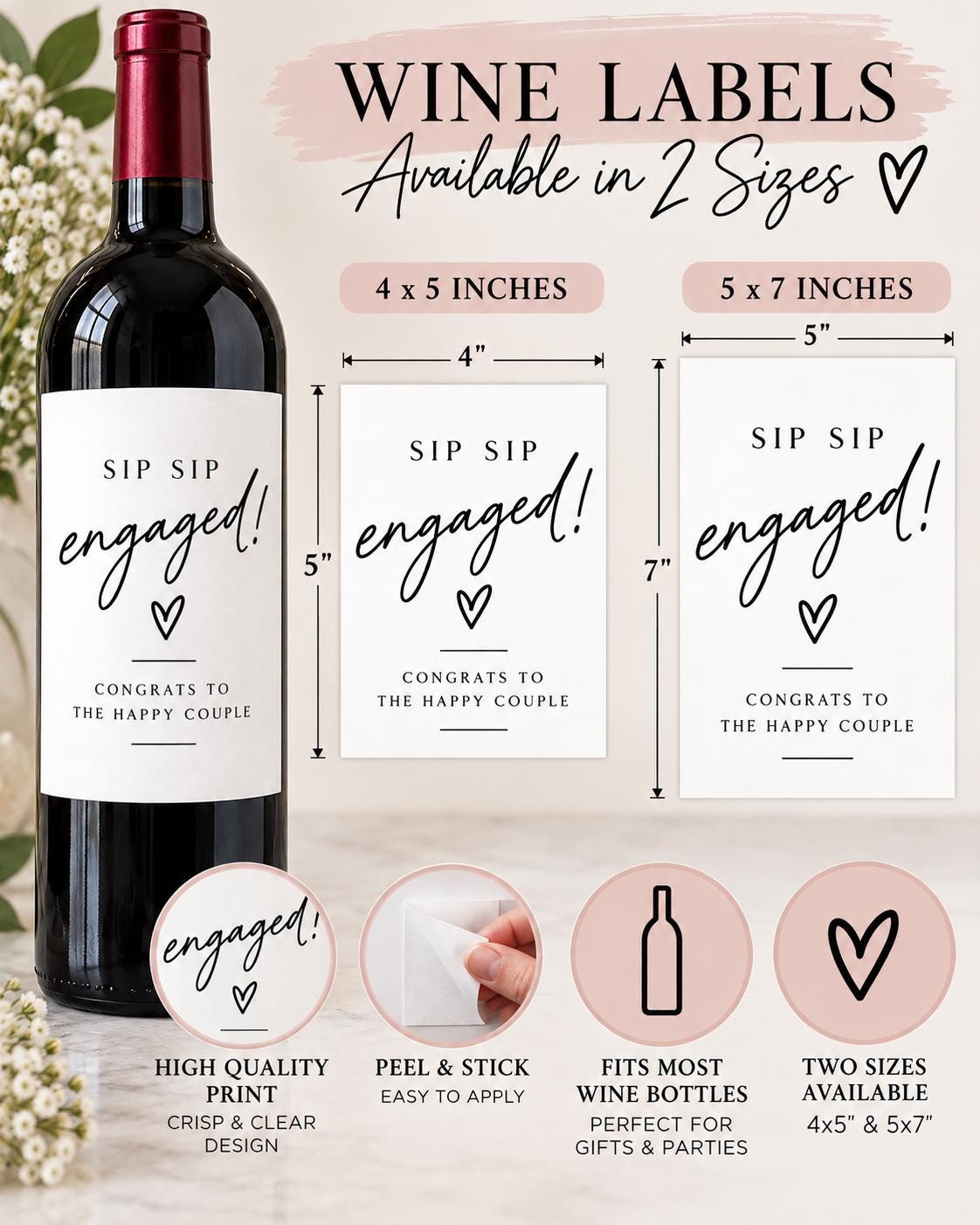 Engagement Wine Bottle Label, Sip Sip Engaged Sticker, Engagement Gift for Couple, Bridal Shower Gift, Wine Bottle Sticker, Engagement Gift