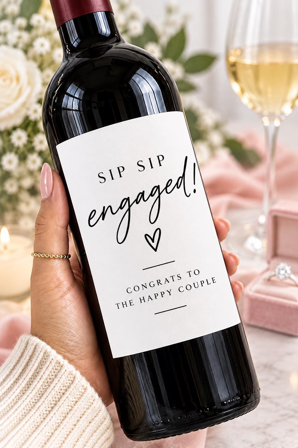 Engagement Wine Bottle Label, Sip Sip Engaged Sticker, Engagement Gift for Couple, Bridal Shower Gift, Wine Bottle Sticker, Engagement Gift
