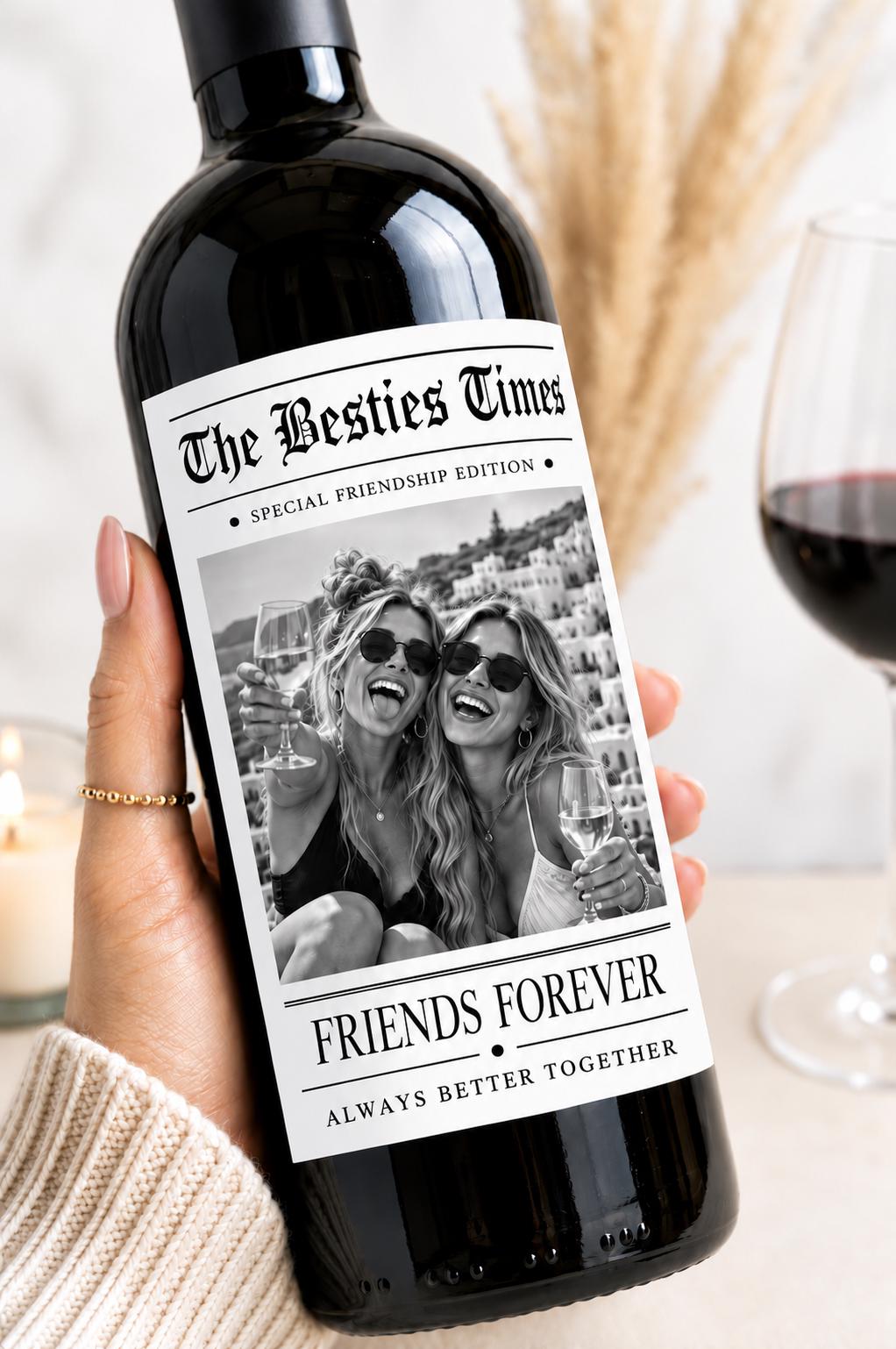 Personalized Friend Gifts, Best Friend Wine Bottle Label, Custom Photo Bestie Gift, Friends Forever Newspaper Wine Label, Gift for Her