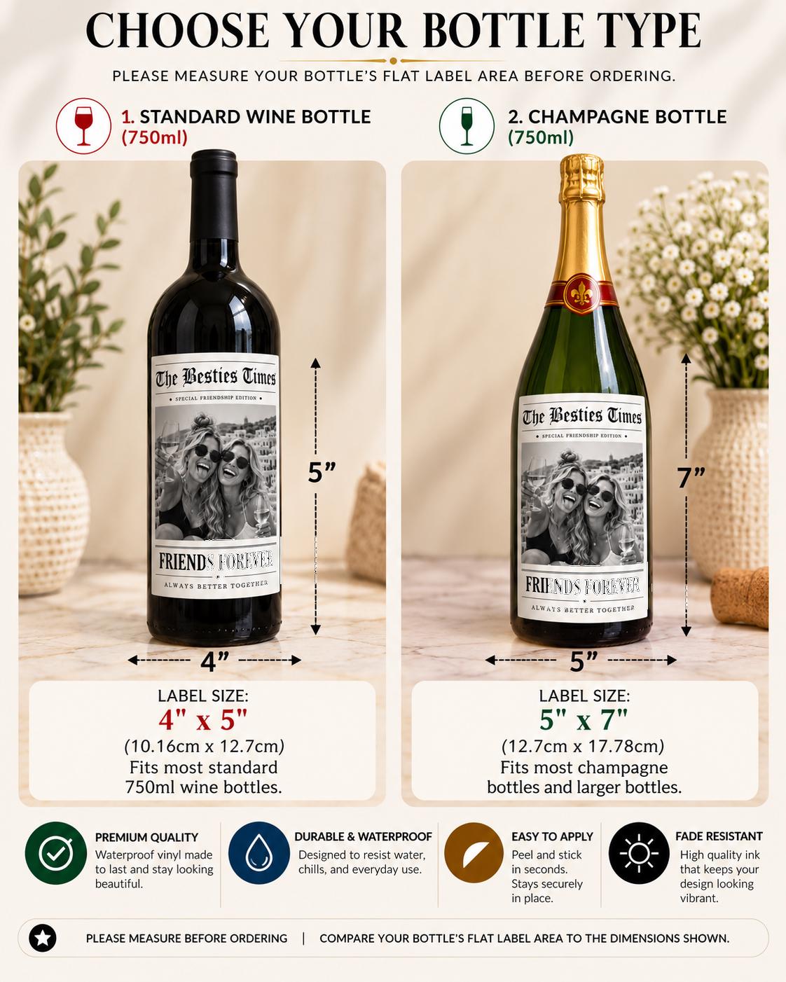 Personalized Friend Gifts, Best Friend Wine Bottle Label, Custom Photo Bestie Gift, Friends Forever Newspaper Wine Label, Gift for Her