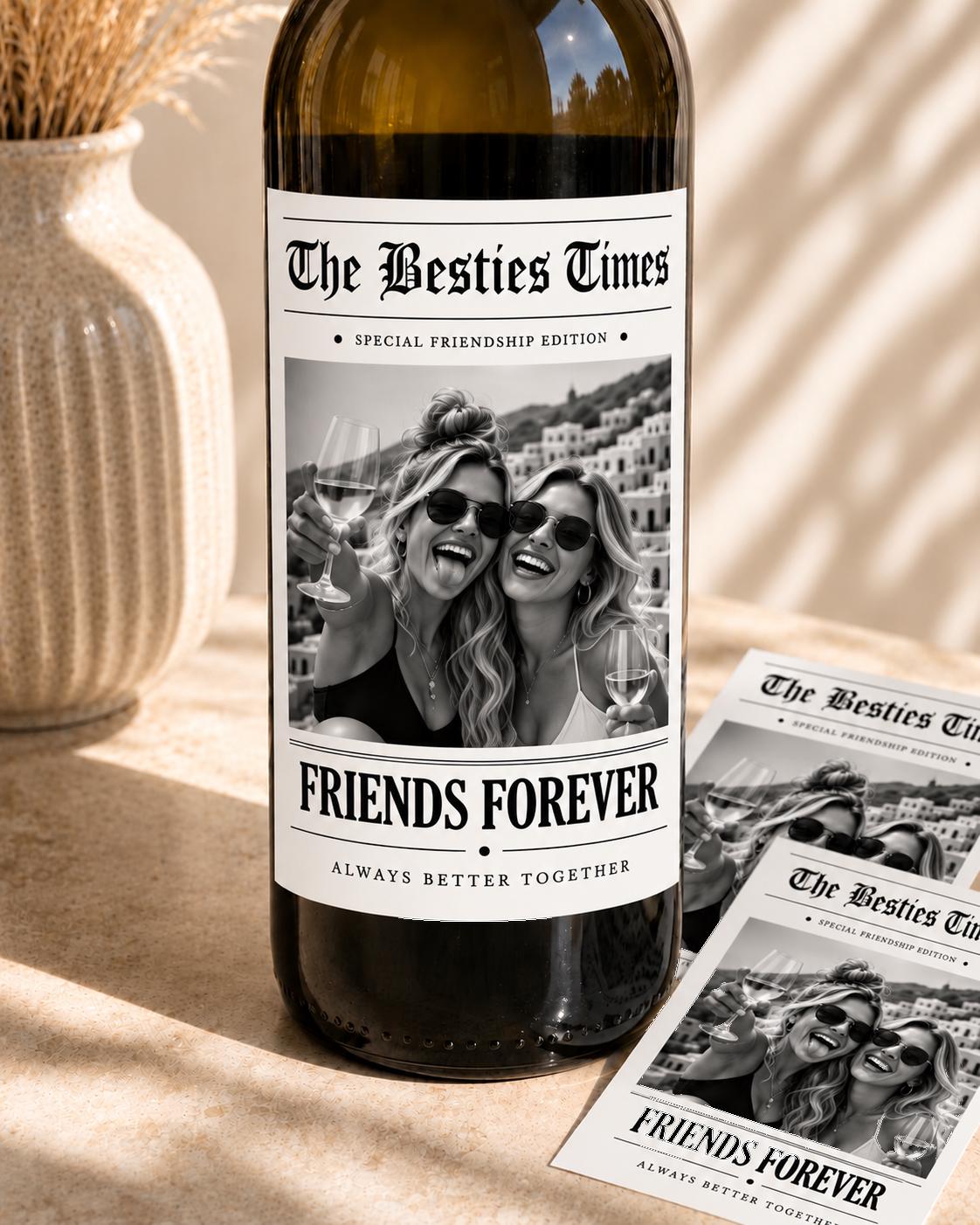 Personalized Friend Gifts, Best Friend Wine Bottle Label, Custom Photo Bestie Gift, Friends Forever Newspaper Wine Label, Gift for Her