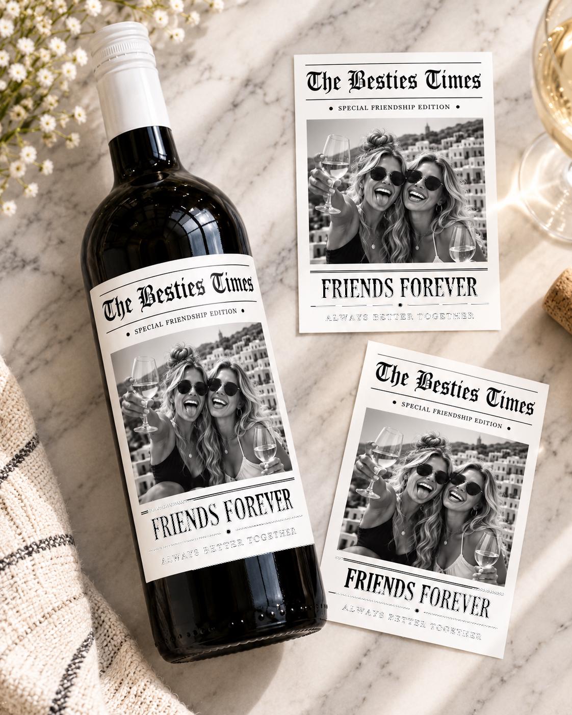 Personalized Friend Gifts, Best Friend Wine Bottle Label, Custom Photo Bestie Gift, Friends Forever Newspaper Wine Label, Gift for Her