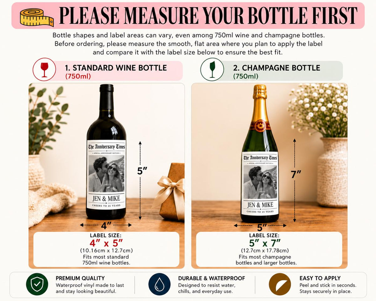 Personalized Anniversary Wine Label with Photo, Custom Wine Bottle Label, Wedding Anniversary Gift, Milestone Anniversary, Newspaper Label