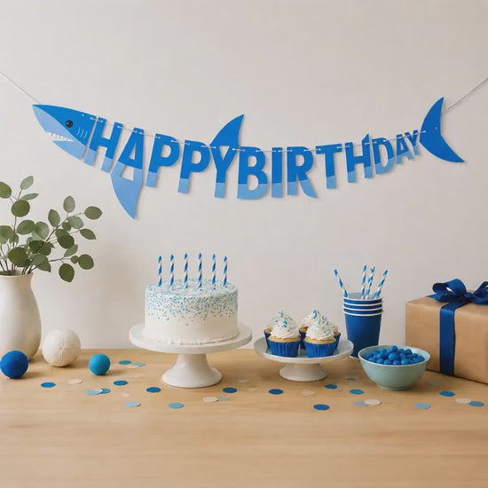 Shark Birthday Banner, Shark Birthday Decorations, Shark Happy Birthday Banner, Ocean Theme Party Decor, Under The Sea Party Supplies Theme