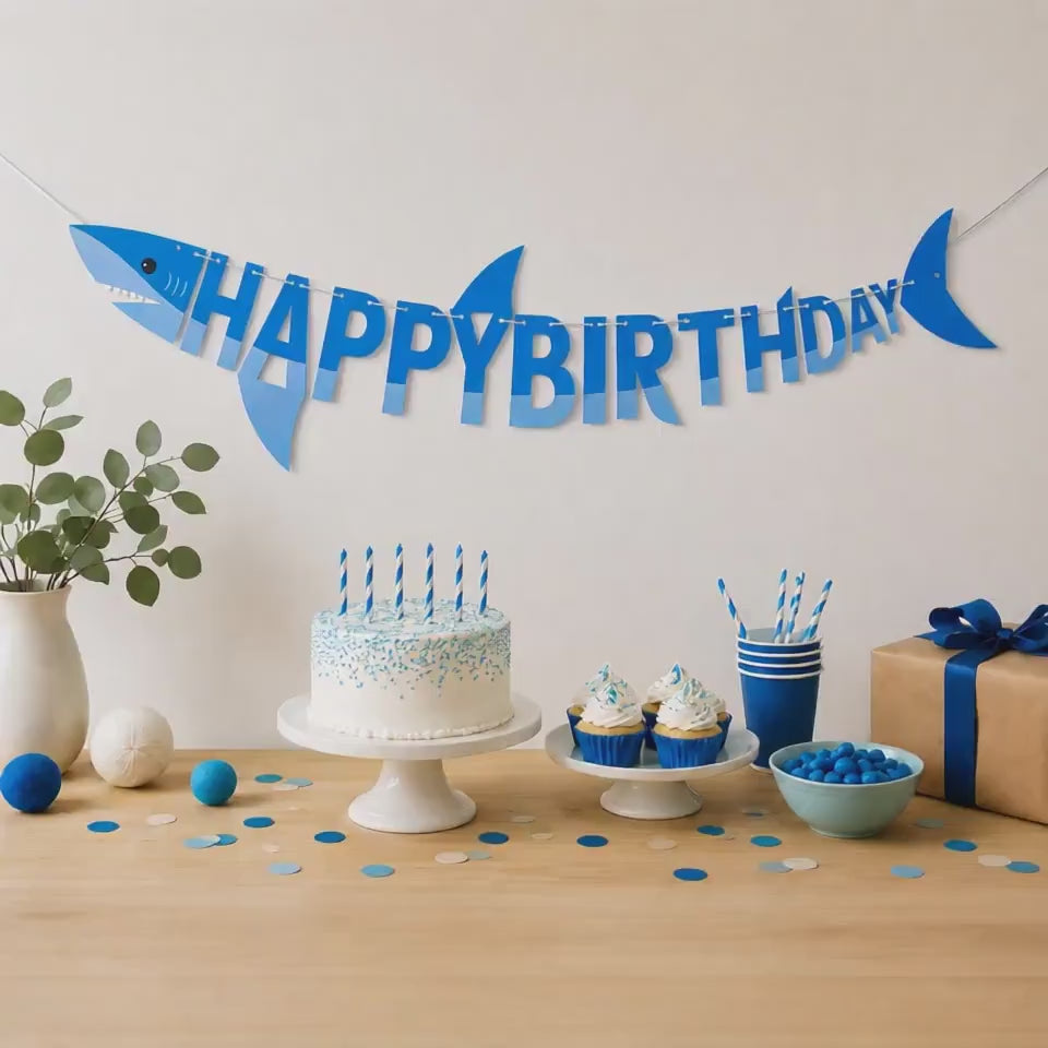 Shark Birthday Banner, Shark Birthday Decorations, Shark Happy Birthday Banner, Ocean Theme Party Decor, Under The Sea Party Supplies Theme
