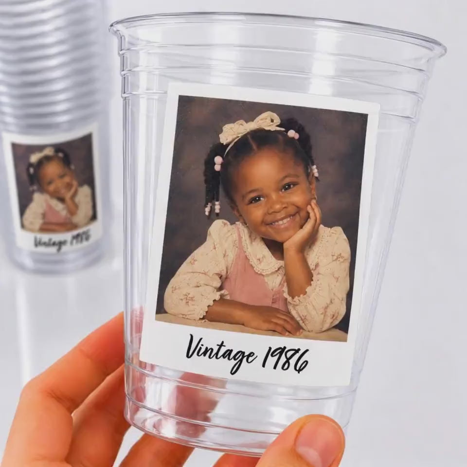 Vintage Birth Year Photo Cups, Personalized Picture Party Cups, Custom Year Celebration Cups, Retro Photo Party Favors, Photo Birthday Cups