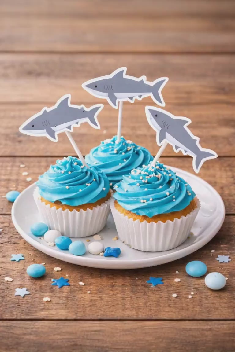 Shark Cupcake Toppers, Shark Birthday Party Decor, Ocean Theme Cupcake Picks, Under the Sea Party Supplies, Shark Party Cake Toppers