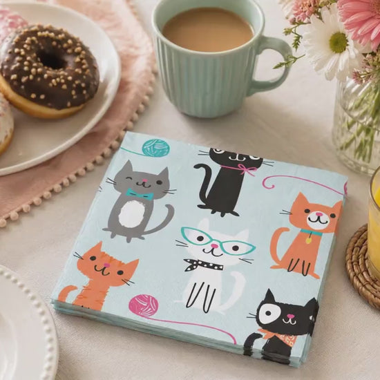 Cat Party Napkins (16ct) – Kitten Birthday Napkins, Cat Party Decorations, Cat Birthday Party Supplies, Paper Beverage Napkins