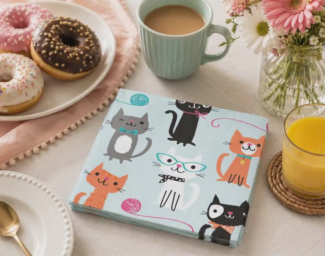 Cat Party Napkins (16ct) – Kitten Birthday Napkins, Cat Party Decorations, Cat Birthday Party Supplies, Paper Beverage Napkins
