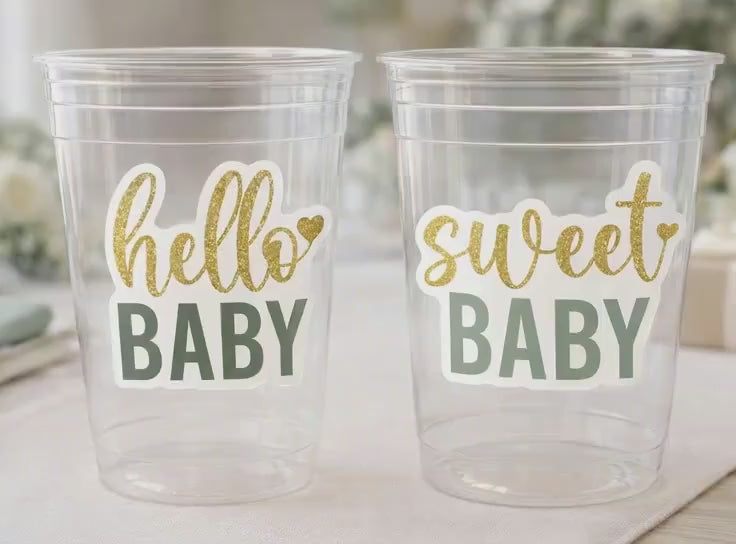 GREEN AND GOLD Baby Shower Cups Hello Baby Sweet Baby Shower Favor Green Gold Gender Neutral Baby Shower Favors Green Baby Shower Favor Cups