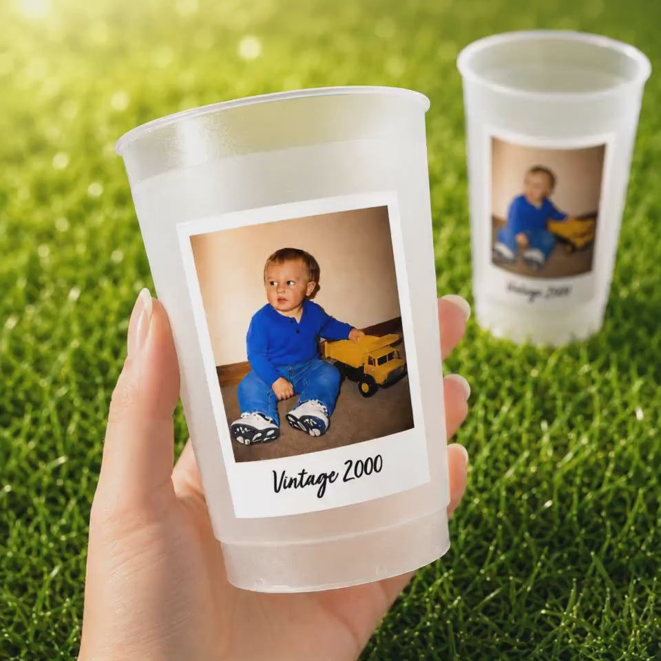Personalized Frosted Party Cups with Photo, Custom Reusable Party Favors, Picture Keepsake Cups for Birthdays, Graduations, Weddings, Events