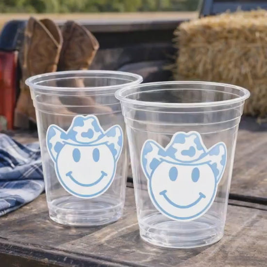 Blue COWBOY PARTY CUPS - Cowboy Cups Cowboy Party Decorations Cowgirl Bachelorette Cow Print Hat Happy Face Cups Cowboy Rodeo Party Cups