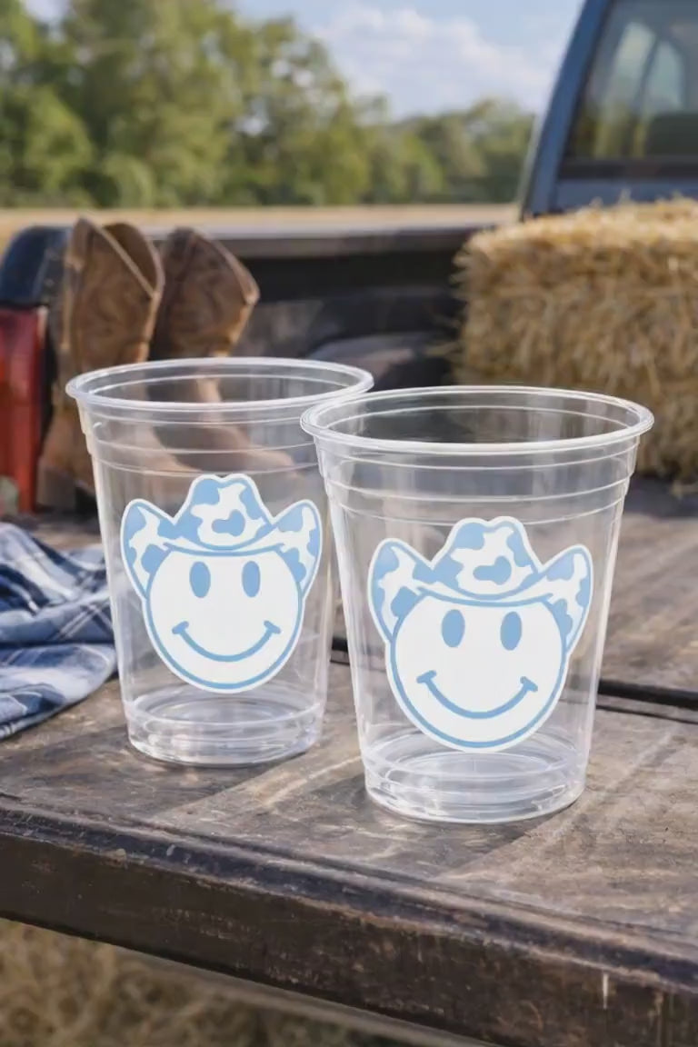 Blue COWBOY PARTY CUPS - Cowboy Cups Cowboy Party Decorations Cowgirl Bachelorette Cow Print Hat Happy Face Cups Cowboy Rodeo Party Cups