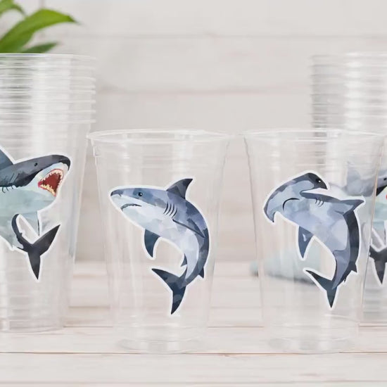 Shark Party Cups | 16oz Clear Shark Birthday Cups | Ocean Theme Party Decorations | Shark Birthday Favor Cups | Beach Party Cups