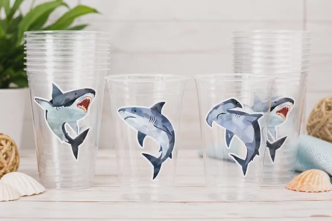 Shark Party Cups | 16oz Clear Shark Birthday Cups | Ocean Theme Party Decorations | Shark Birthday Favor Cups | Beach Party Cups