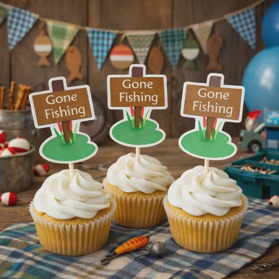 Gone Fishing Cupcake Toppers, Fish Party Cups, The BIG One, Fisherman Cupcake Toppers, Fishing Birthday, Fishing Party, Fishing Cake Toppers