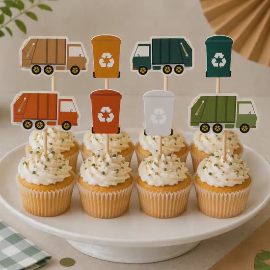 Garbage Truck Cupcake Toppers – Garbage Truck Birthday Decorations – Trash Truck Cupcake Picks – Waste Management Party Decor – Truck Theme
