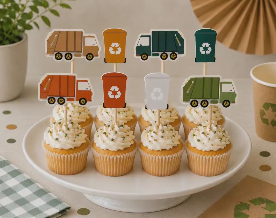 Garbage Truck Cupcake Toppers – Garbage Truck Birthday Decorations – Trash Truck Cupcake Picks – Waste Management Party Decor – Truck Theme