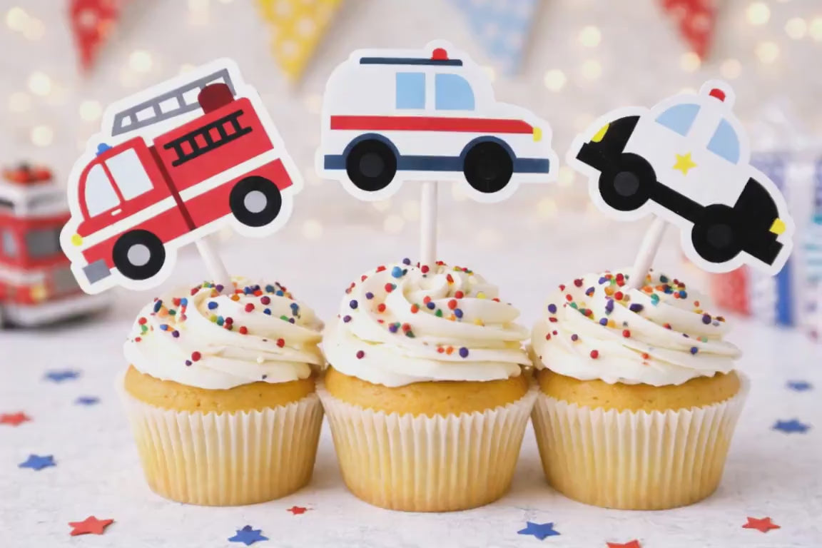 Emergency Vehicles Cupcake Toppers, Firetruck Cupcake Toppers, Ambulance Cupcake Toppers, Police Car Cupcake Toppers