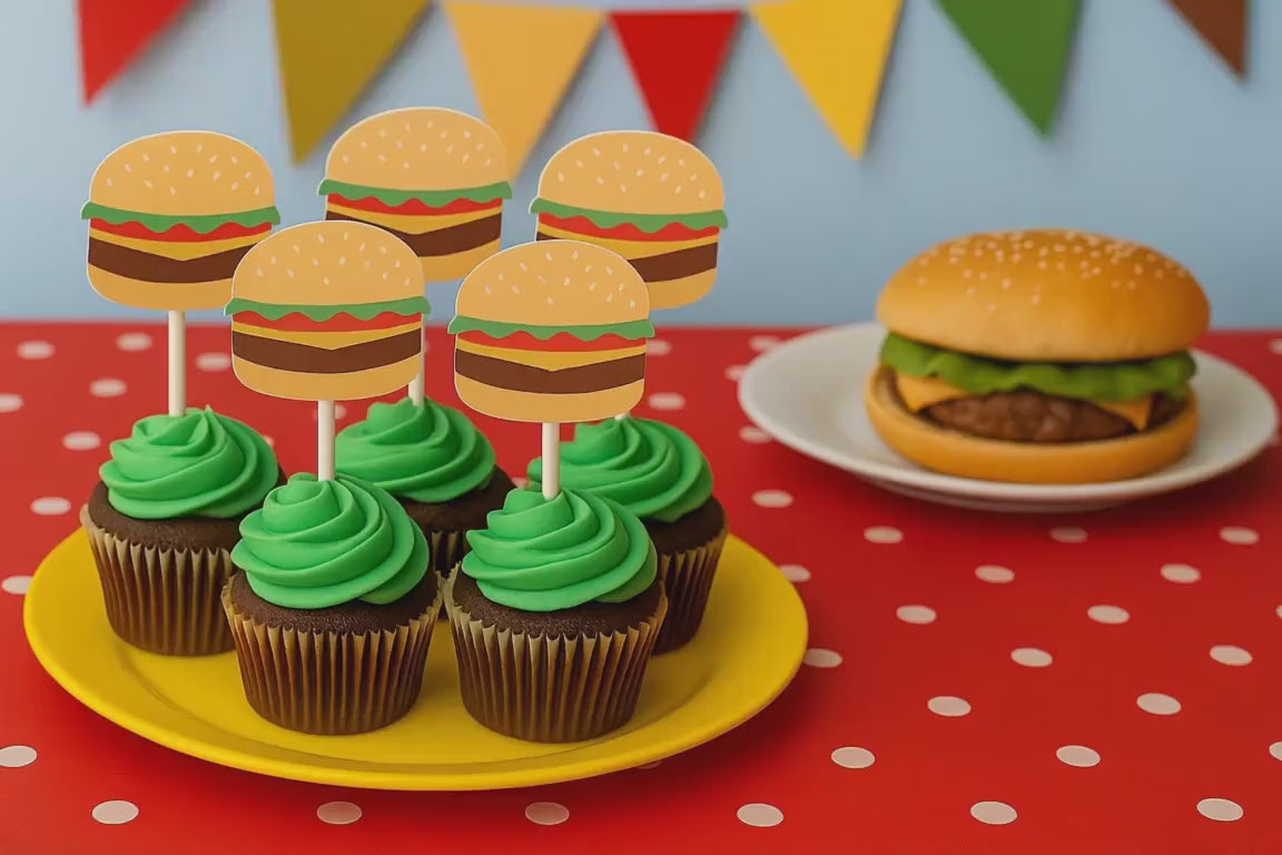 Hamburger Cupcake Toppers, Barbecue Cupcake, Fast Food Cupcake Toppers, Cook Out Cupcake Toppers, Cheeseburger cupcake toppers, Burger Party