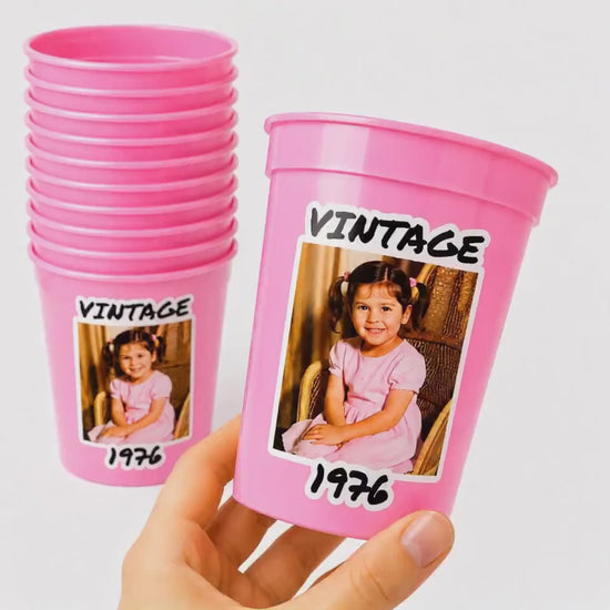Custom Reusable Photo Cups, Personalized Birthday Cups, Vintage Est. Year with Name & Text, 16th 21st 30th 40th 50th 60th 70th, Party Favors