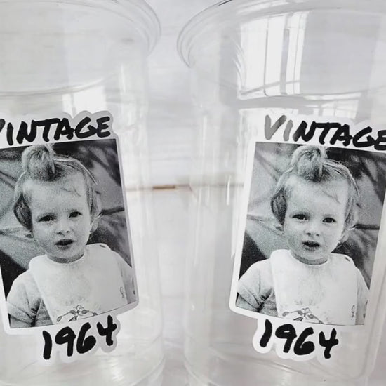 Custom Photo Birthday Cups with Year | Personalized Plastic Party Cups | Vintage Est Year Face Cups for Party Decorations & Favors Supplies