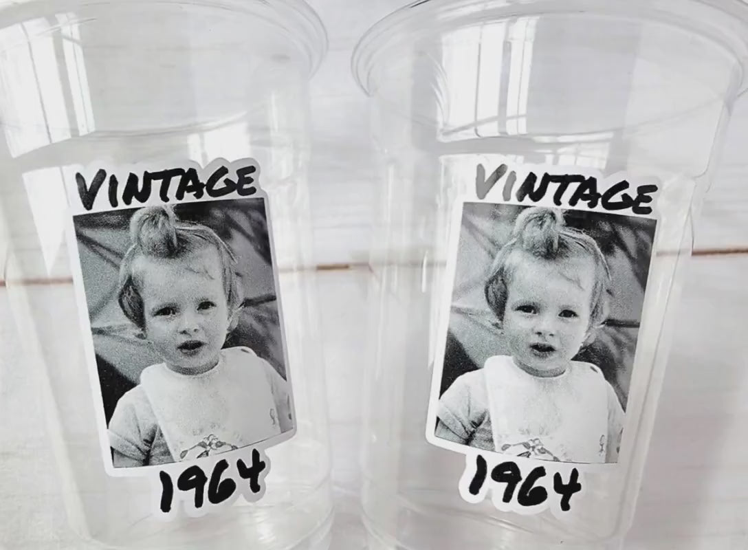 Custom Photo Birthday Cups with Year | Personalized Plastic Party Cups | Vintage Est Year Face Cups for Party Decorations & Favors Supplies
