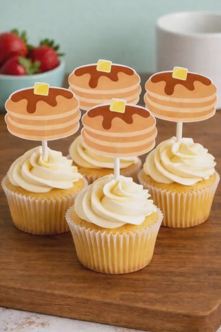 Pancake Cupcake Toppers, Pancakes and Pajamas Decorations, Pancake Cake Toppers, Pancake Party Supplies, Pancake Birthday Party, Sleepover