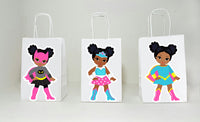 Superhero Goody Bags, Superhero Favor Bags, Superhero Birthday Party Bags, Superhero Burst Bags, Girl Superhero African American (93017215P)