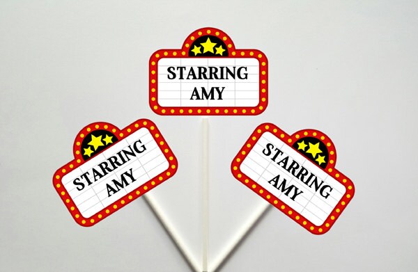 Movie Party Cupcake Toppers - Marquee cupcake toppers - Movie Party Decorations - Name In Lights Cupcake Topper, Hollywood Party, Red Carpet