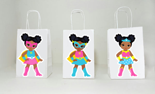 Superhero Goody Bags, Superhero Favor Bags, Superhero Birthday Party Bags, Superhero Burst Bags, Girl Superhero African American (6417216P)