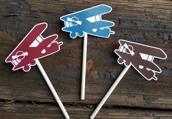 Airplane Cupcake Toppers, Vintage Airplane Cupcake Toppers, Plane Cupcake Toppers, Red, Blue