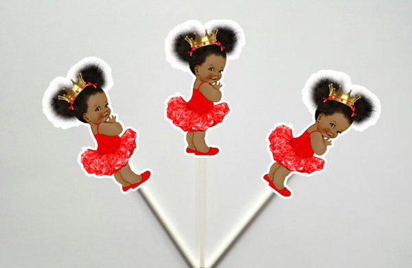 Princess Baby Shower Cupcake Toppers - Princess Cupcake Toppers, Red Gold Cupcake Toppers, Ballerina Cupcake Toppers